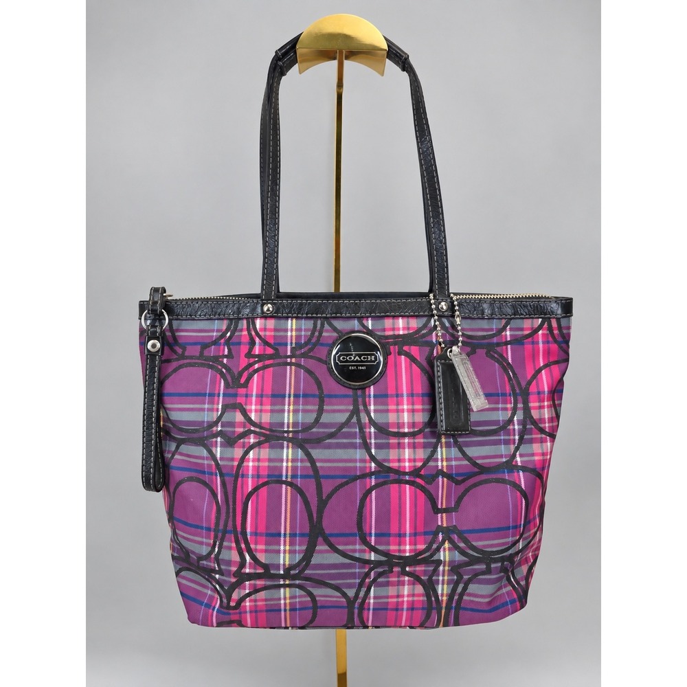 Coach Poppy Tartan Plaid Applique Tote Bag Purple Pink F15229
